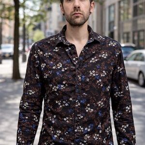 H&M Slim Fit Floral Button Down Shirt slim fit Black Floral Long Sleeve